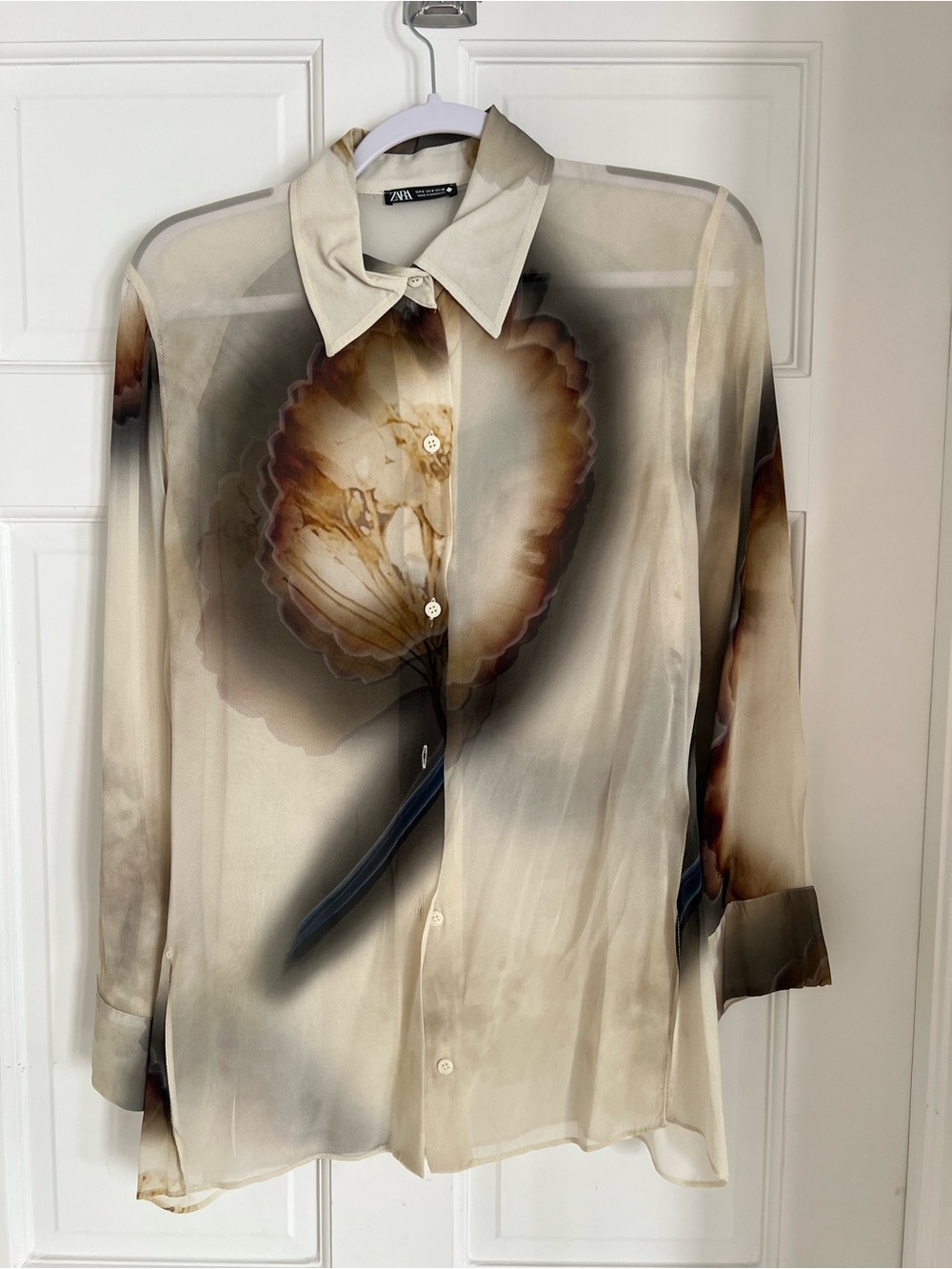 Zara Cream and Light Brown Collared Blouse Size Small